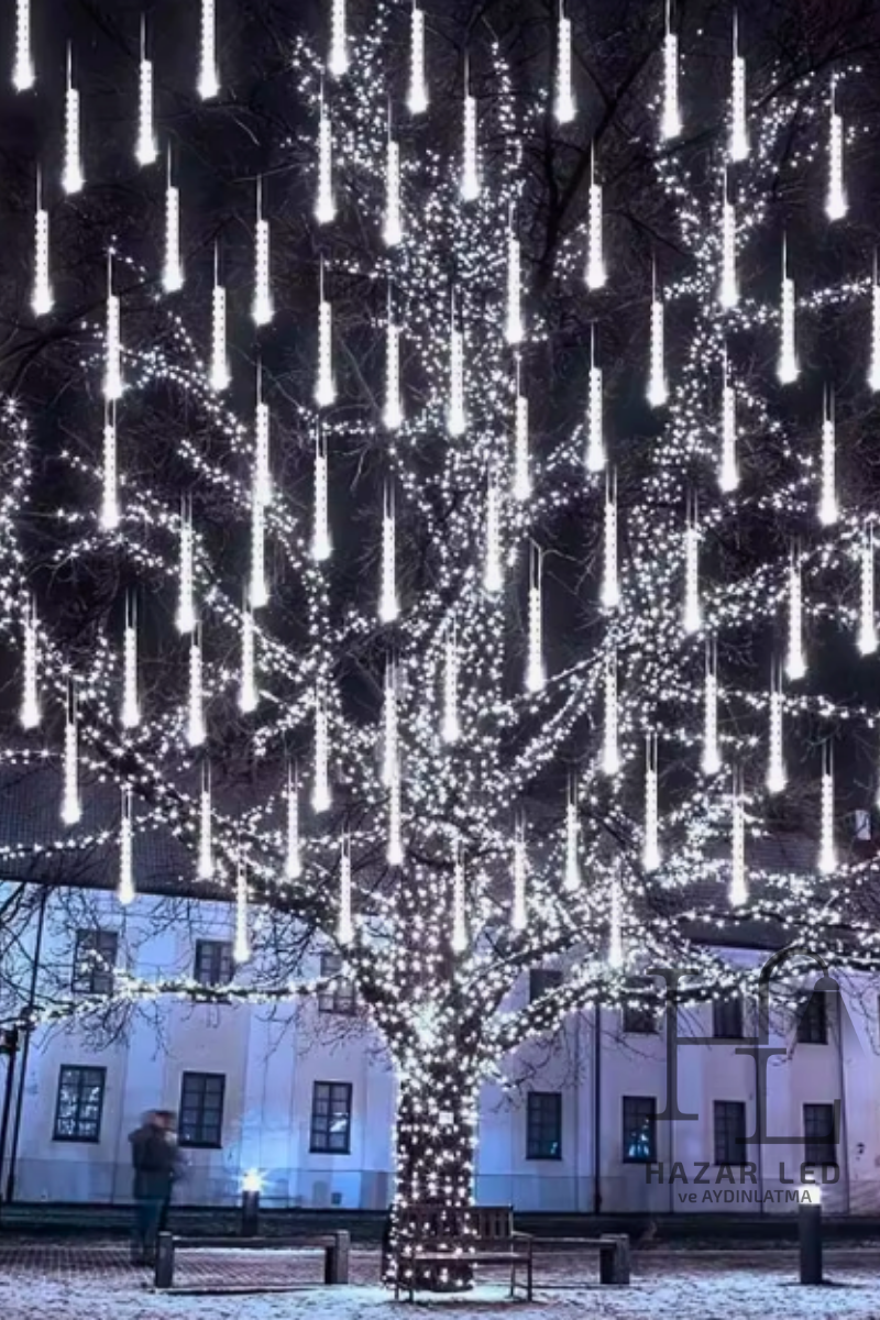 8 Tüp Beyaz Meteor Led Işık Yağmur Işıkları Eklenebilir IP65 Dış Mekan Dekoratif Yılbaşı Süsü