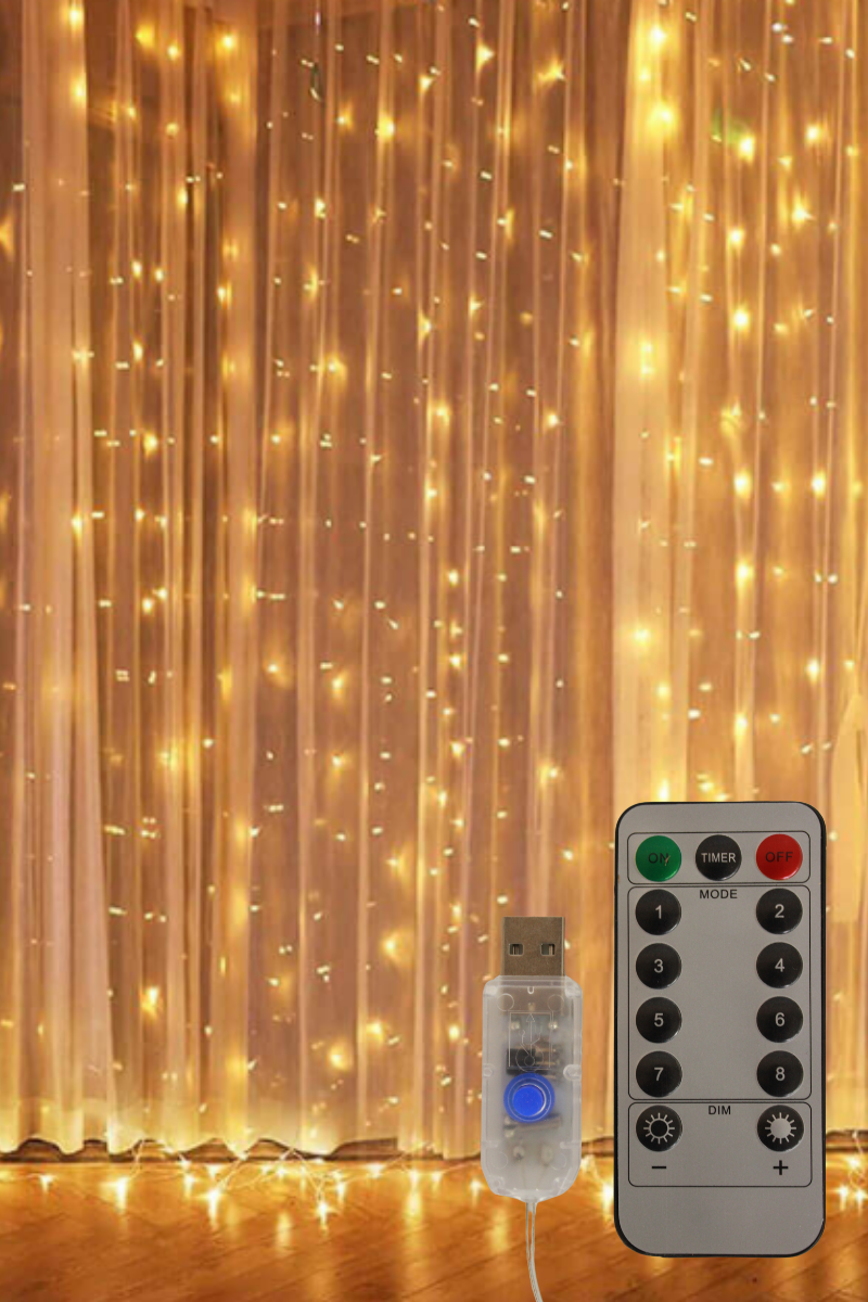5 Volt 3X3 Metre Perde Led Işık 300 Ledli 8 Fonksiyonlu Dekoratif Led Işık Yılbaşı Süsü