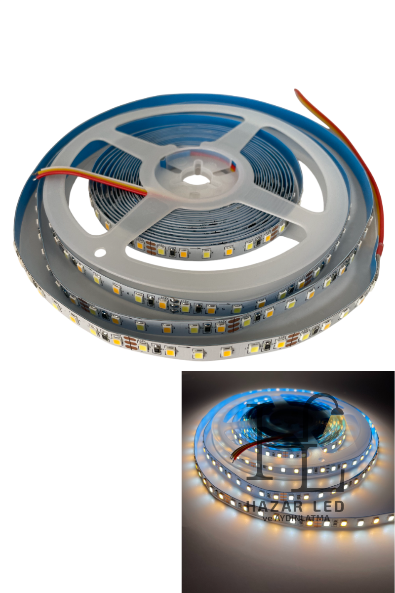 12 Volt 2835 SMD 120 Ledli Tunable Çift Renkli Şerit Led CCT IP20 İç Mekan 5 Metre