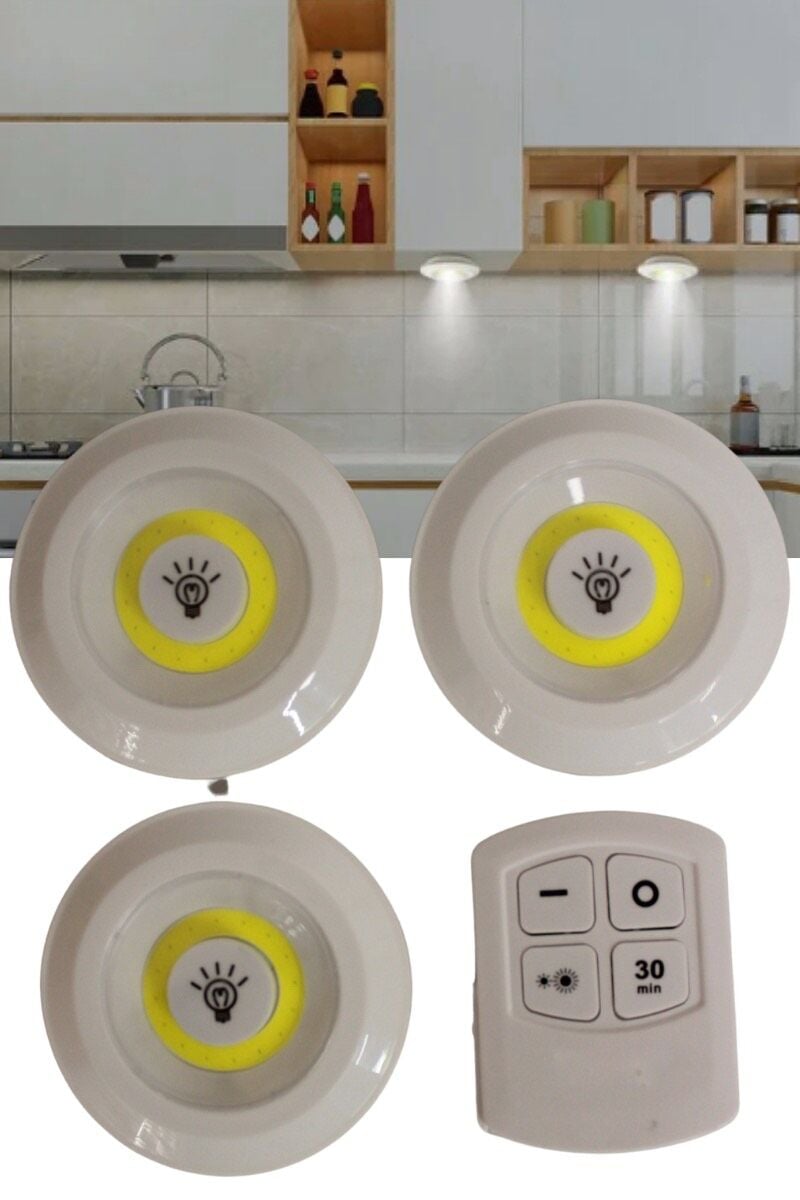 Uzaktan Kumandalı 3’lü Spot Led Lamba Pilli Dolap İçi Led Ampul