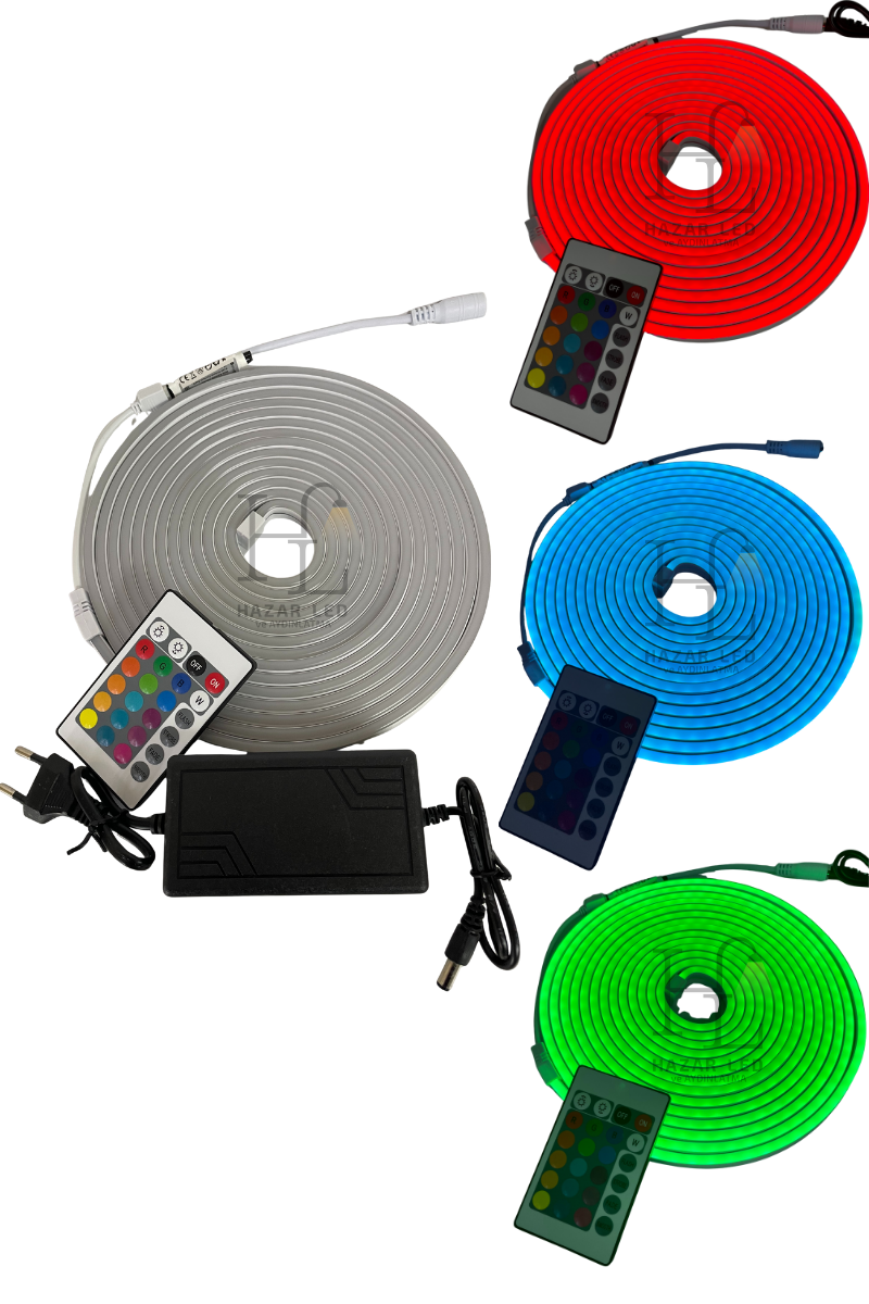 220 Volt RGB Esnek Neon Şerit Led Set Kumandalı IP65 Dış Mekan 5 Metre
