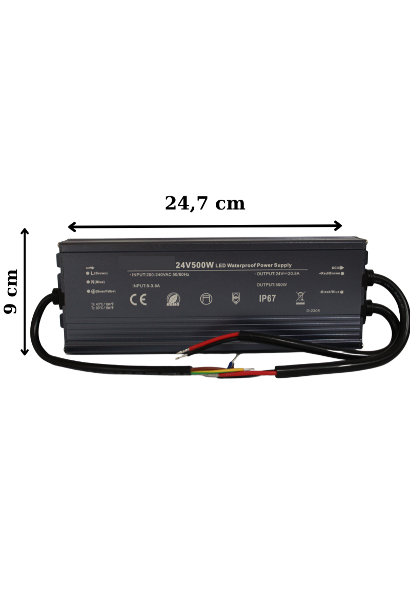 24 Volt 20,8 Amper 500 Watt Dış Cephe Led Adaptör IP67 Su Geçirmez